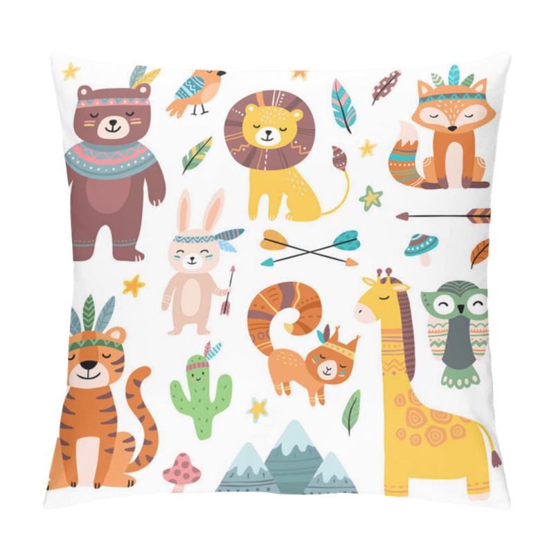 Personality  Funny Tribal Animals. Woodland Baby Animal, Cute Wild Forest Fox And Jungle Tribals Zoo. Jungle Lion, Tiger And Giraffe Tribal Characters. Isolated Cartoon Vector Character Icons Set Pillow Covers