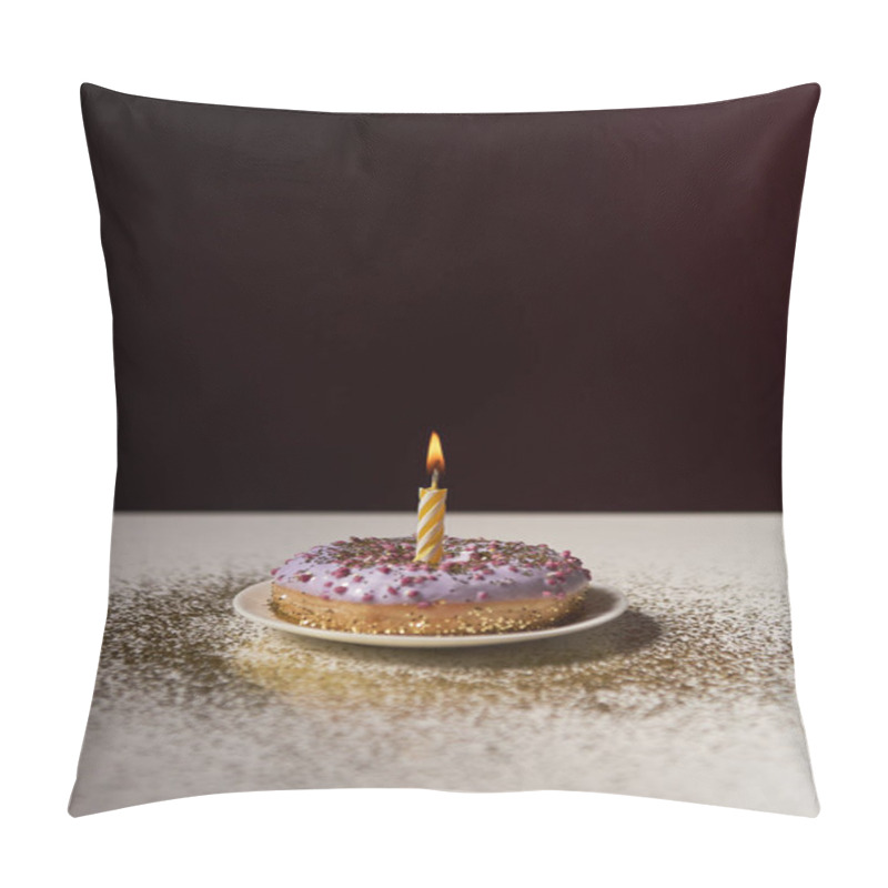 Personality  Burning Candle In Middle Of Glazed Doughnut With Golden Sparkles On White Table Isolated On Black Pillow Covers