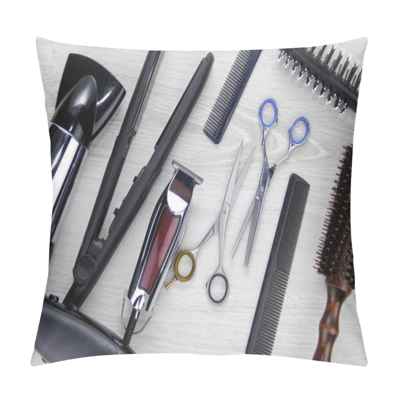 Personality  Full Frame Of Professional Hair Dresser Tools On Black Background Pillow Covers