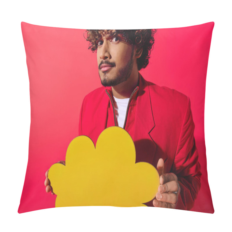 Personality  Handsome Man In Vibrant Outfit Posing With Speech Bubble. Pillow Covers