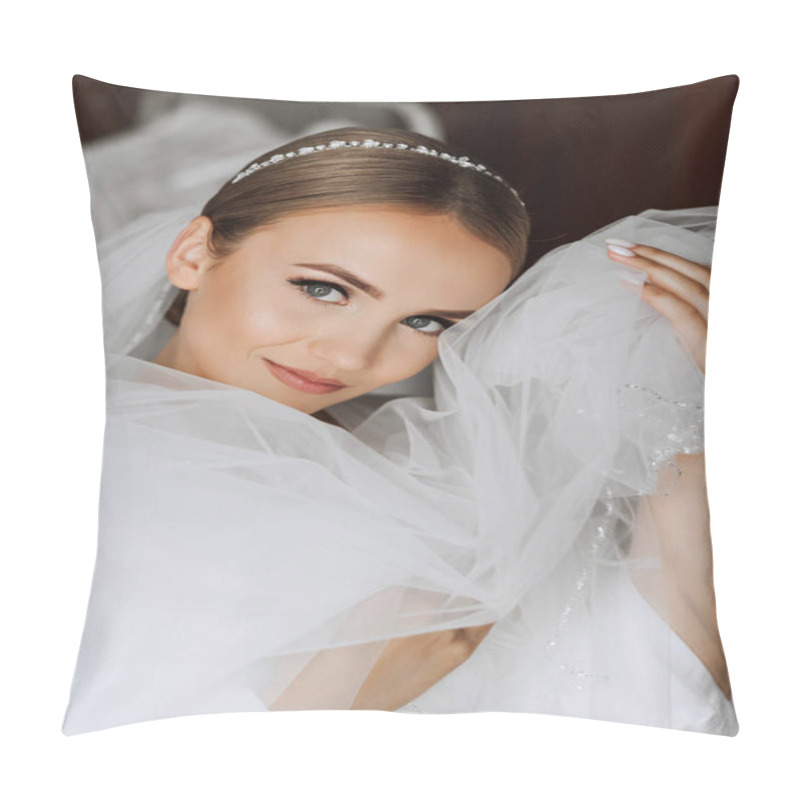 Personality  Morning Of Bride Before The Wedding. Beautiful Young Woman With Long Veil In A White Robe. Natural Beauty And Professional Make-up.Girl In White Lace Boudoir Dress. Pillow Covers