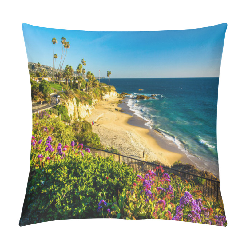 Personality  Flowers And View Of The Pacific Ocean At Heisler Park, In Laguna Pillow Covers