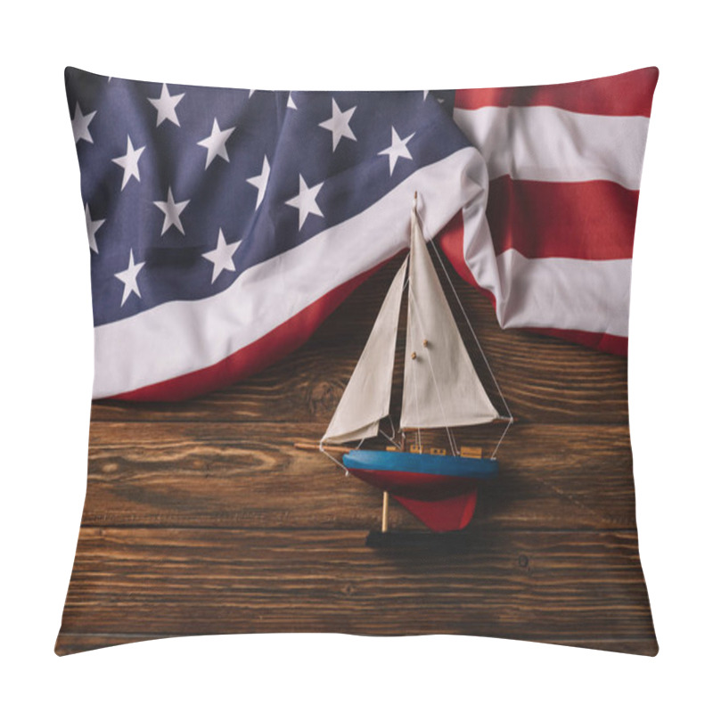 Personality  Top View Of Leather Crafted Ship On Wooden Surface With American National Flag Pillow Covers