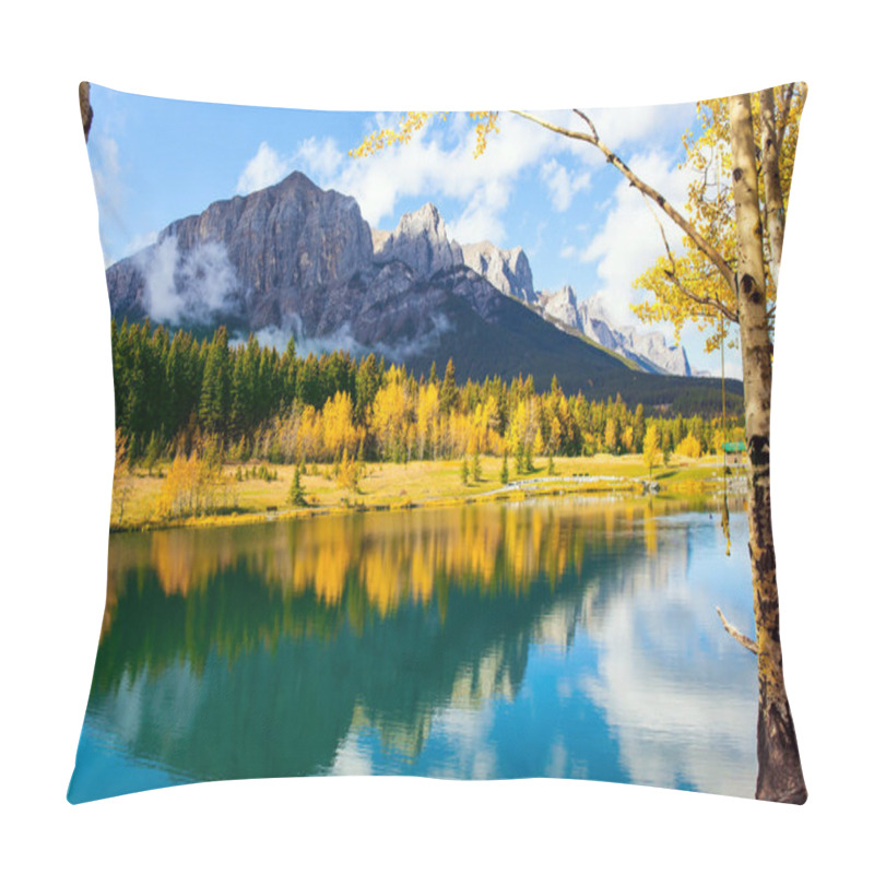 Personality  Lush Autumn In The Canadian Rockies. Bright Autumn Forest Is Reflected In The Smooth Water Of The Lake. Outskirts Of Canmore. The Concept Of Active, Ecological And Photo Tourism Pillow Covers