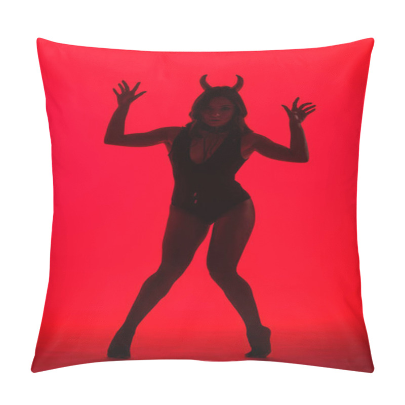 Personality  Silhouette Of Beautiful Young Woman In Devil Costume, Isolated On Red Pillow Covers