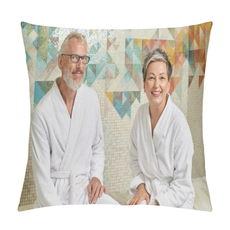 Personality  Cheerful Middle Aged Couple In White Robes Sitting In Sauna, Spa And Wellness Concept, Hammam Pillow Covers