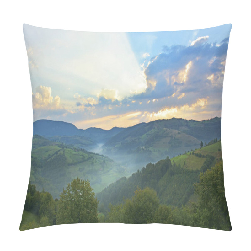 Personality  Beautiful Alpine Meadow With Green Grass. Sunrise. Landscape On Wild Transylvania Hills. Holbav. Romania.  Pillow Covers