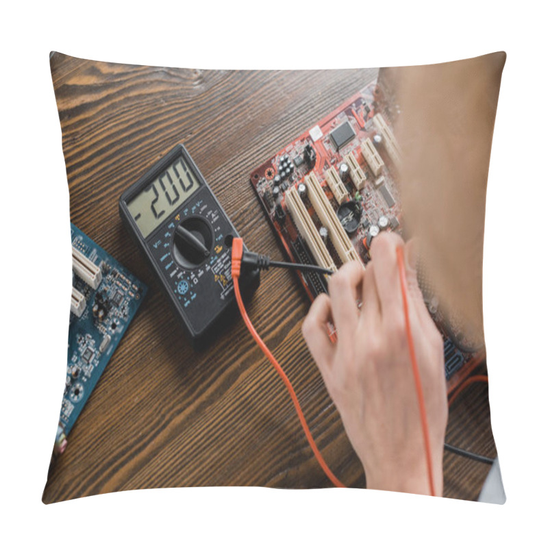 Personality  Cropped Shot Of Electric Engineer With Tester Examining Motherboard Pillow Covers