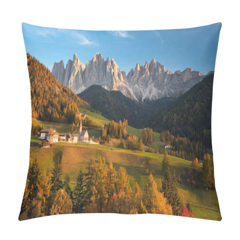 Personality  Church In The Tiny Village Sankt Magdalena In Villnoess In An Autumn Landscape With Yellow Larch Trees And The Geisler Dolomites Mountain Peaks In The Background In South Tyrol In Northern Italy. Pillow Covers