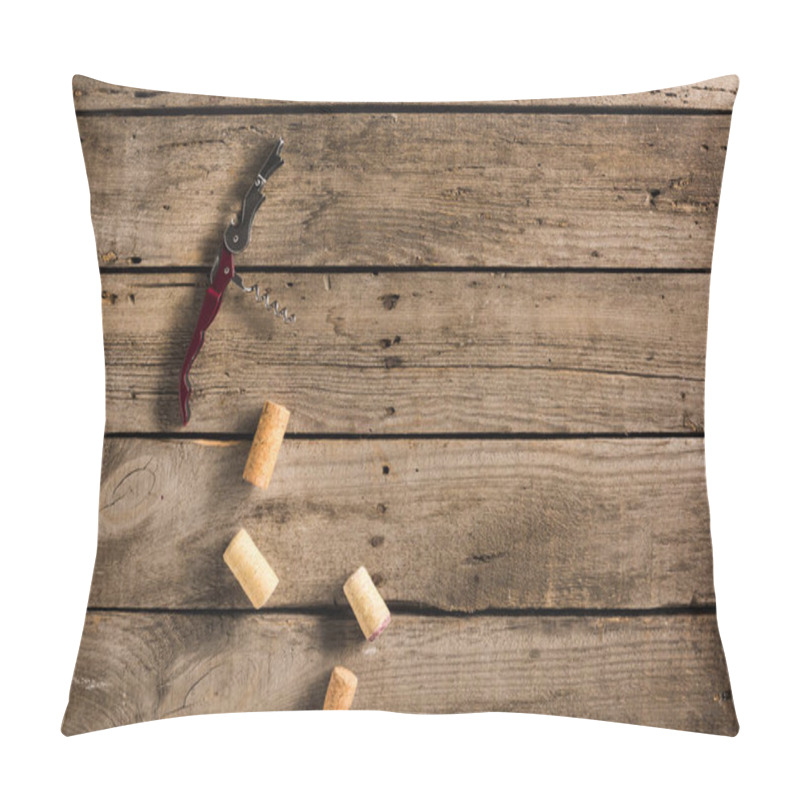 Personality  Corkscrew And Corks On Wooden Tabletop Pillow Covers