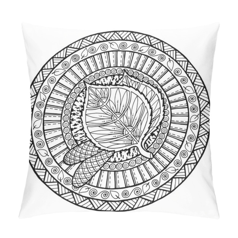 Personality  Autumn Theme. Circle Tribal Doodle Ornament. Hand Drawn Birch Leaf Art Mandala. Black And White Ethnic Background. Zentangle Pattern For Coloring Book For Adults And Kids. Pillow Covers