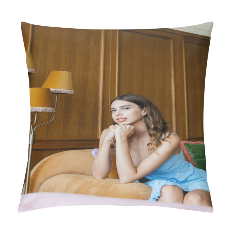 Personality  Beautiful Young Woman Wearing Blue Dress In Retro Room. High Quality Photo Pillow Covers