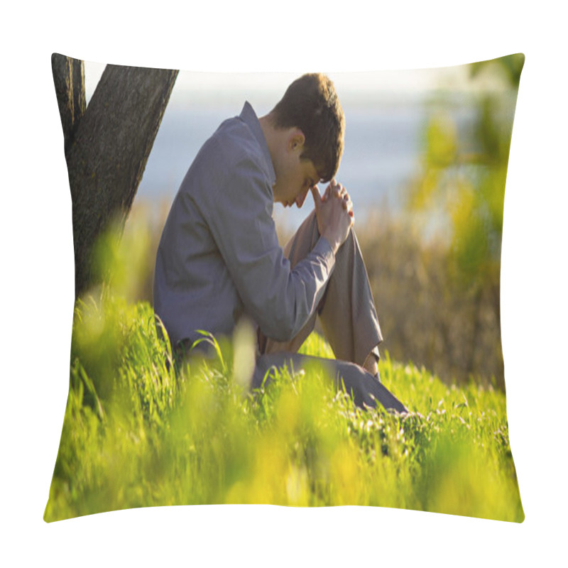 Personality  Young Man Praying To God In The Nature Bowing His Head To His Knees, Concept Religion Pillow Covers