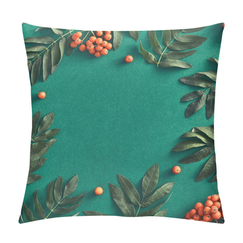 Personality  Forest Sorbus And Leaves Top View On Green Background. Red Wild Rowan And Branches Social Media Post With Copyspace Design. Wild Berries Frame Concept. Fall Botanical Backdrop, Border Idea Pillow Covers