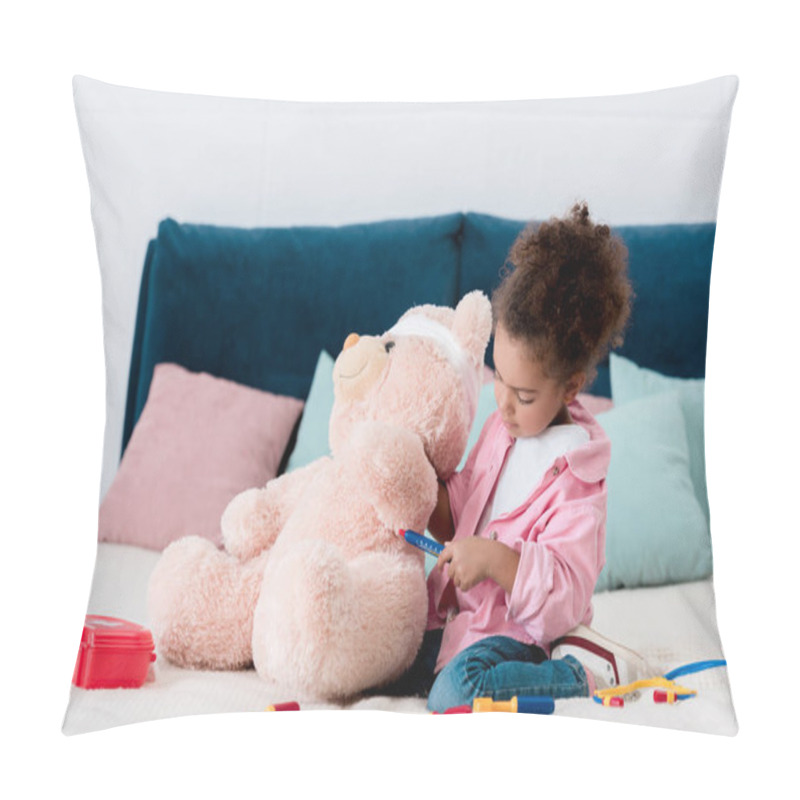 Personality  Adorable African American Kid Examining Teddy Bear  Pillow Covers