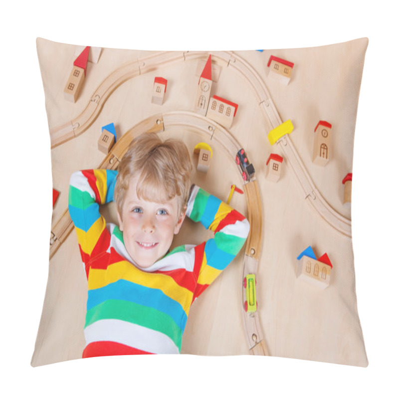 Personality  Little Blond Child Playing With Wooden Railroad Trains Indoor Pillow Covers