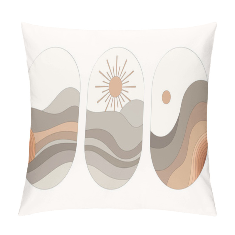 Personality  Soft Wavy Lines Depicting Hills Against The Backdrop Of The Rising Sun. The Use Of Pastel Shades Creates Lightness And Coziness, Symbolizing The Tranquility Of Nature. Pillow Covers