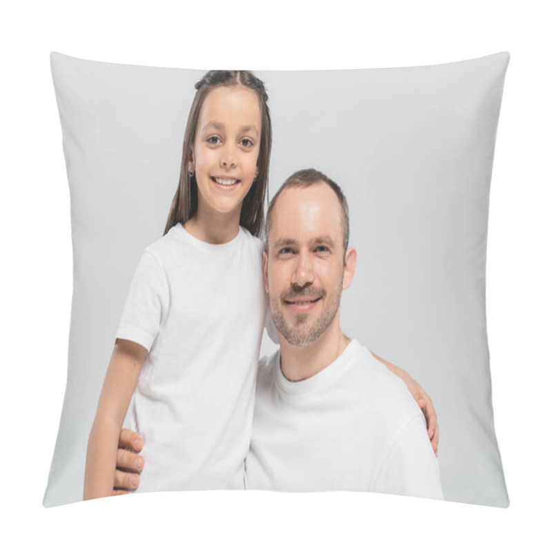 Personality  Unshaved And Cheerful Father With Bristle Hugging Happy Preteen Daughter With Long Brunette Hair While Posing In White T-shirts And Looking At Camera On Grey Background, Child Protection Day  Pillow Covers