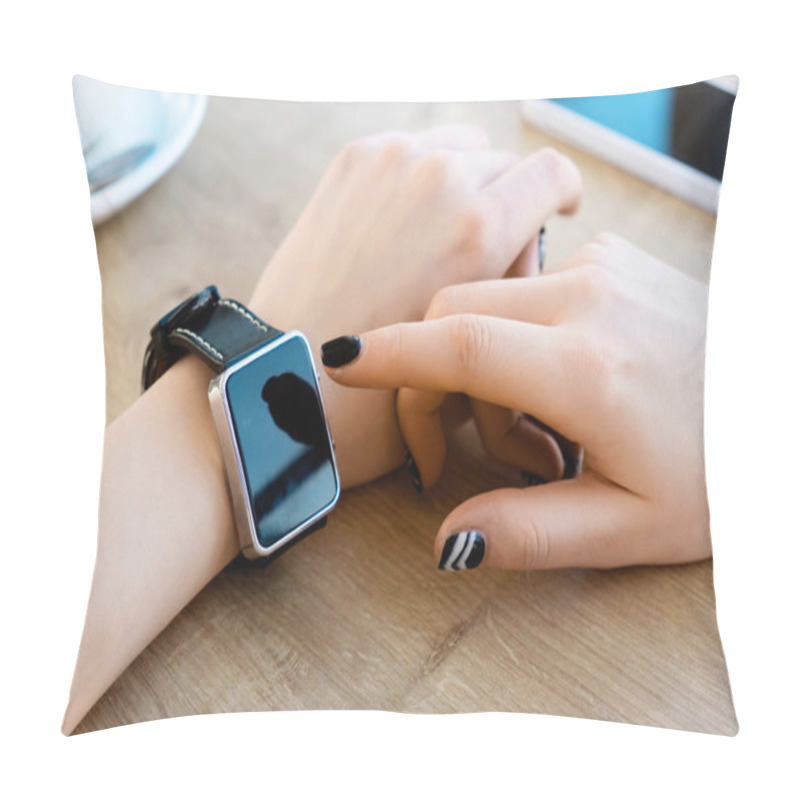 Personality  Girl Wearing Watch, Cup Of Coffee On Table Pillow Covers