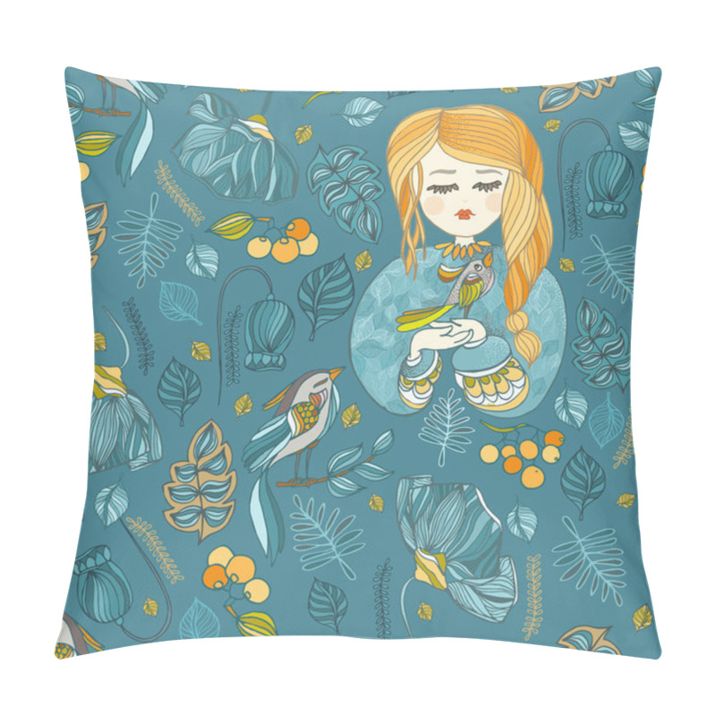 Personality  Fabric Pattern With Young Girl And Bird.Blue And Yellow Floral P Pillow Covers