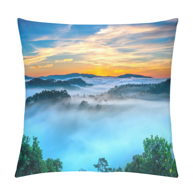 Personality  Sunrise Over Hillside As The Sun Rising From Horizon Reflect Light Bright Yellow Sky. Below Cloudy Mist Covered Valleys Flooded Pine Forests Create Impressive Beauty Highlands In Morning. Pillow Covers