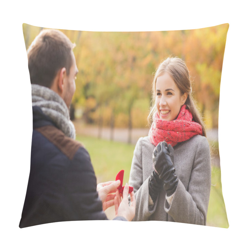 Personality  Smiling Couple With Engagement Ring In Gift Box Pillow Covers