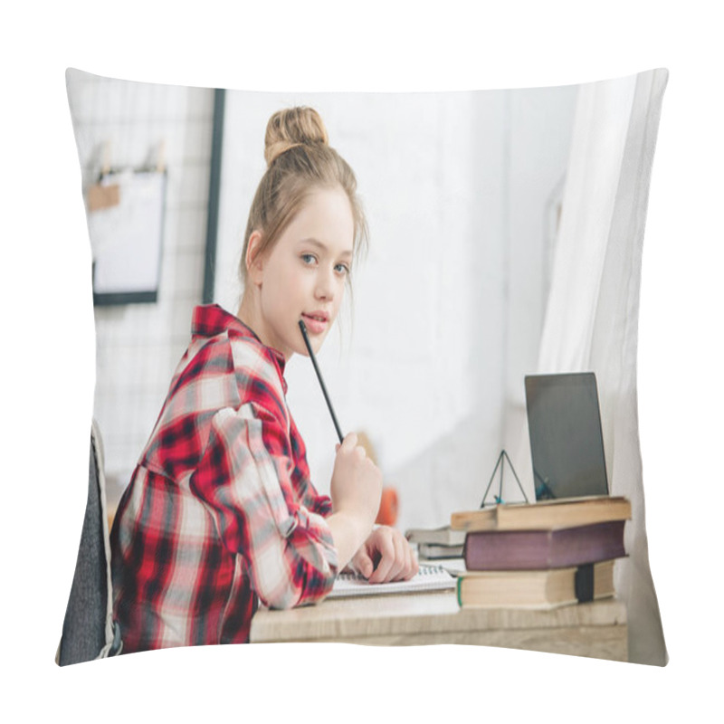 Personality  Pensive Teenager In Checkered Shirt Holding Pen At Table While Doing Homework Pillow Covers