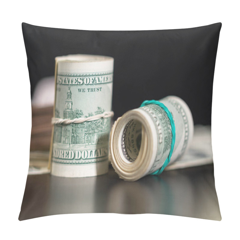 Personality  Two Rolled Wads Of American Dollar Banknotes On A Reflective Black Table In A Low Angle View For Financial Concepts Pillow Covers