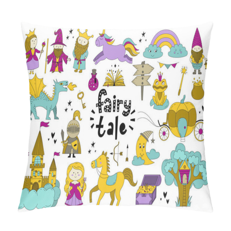 Personality  Set Of Fairy Tale Objects Collection. Hand Drawn Doodle Illustration With Unicorn, King, Queen, Fairy, Magic Book, Dragon, Castle, Carriage, Knight Etc. Pillow Covers