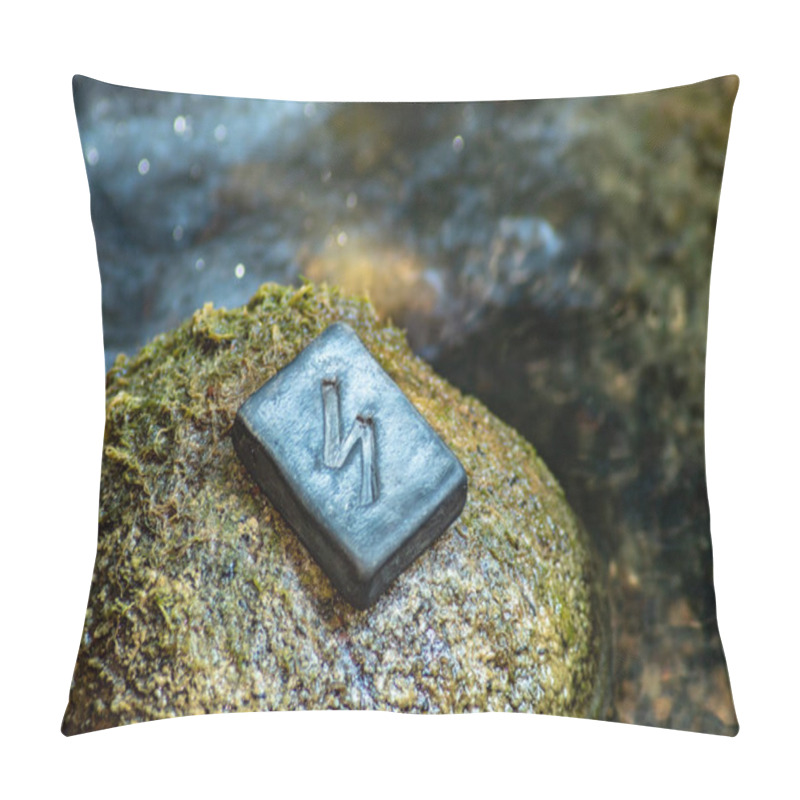 Personality  Norse Rune Sowilo On The Stone And The Evening River Background. The Sun, Energy, Protection From Dark Forces. Pillow Covers