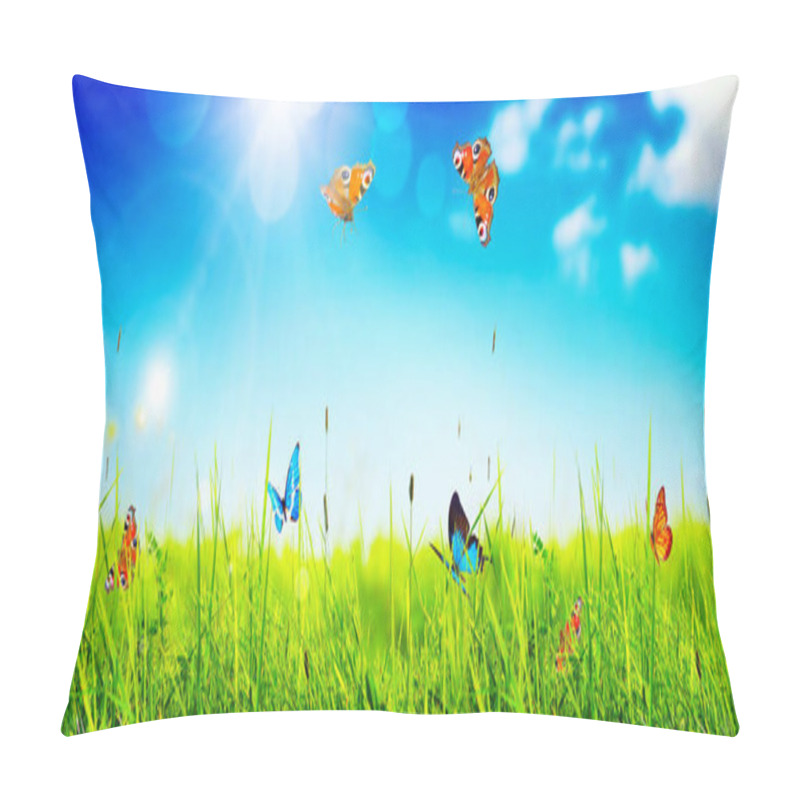 Personality  Flying Butterfly In Spring Morning. Panoramic View. Pillow Covers