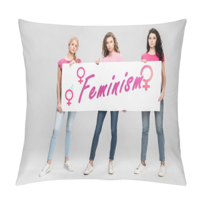 Personality  Confident Girls Holding Large Sign With Feminism Lettering On Grey Background Pillow Covers