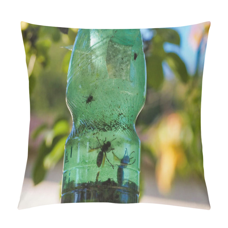 Personality  Homemade Green Bottle Insect Trap Displayed Outdoors In A Natural Environment, Used For Capturing Insects Effectively. Pillow Covers