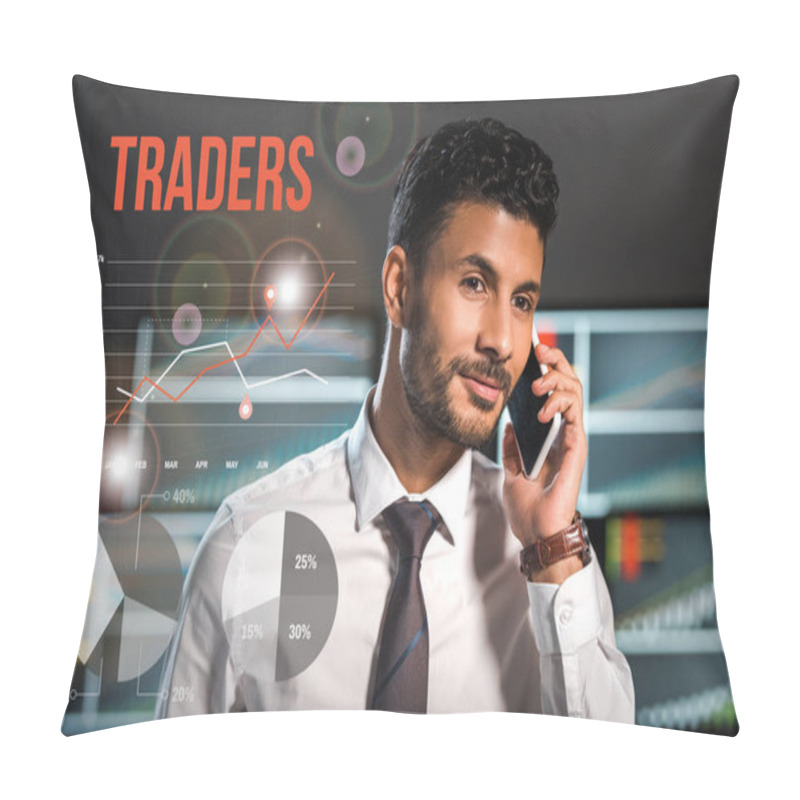 Personality  Happy Bi-racial Man Talking On Smartphone Near Traders Letters  Pillow Covers