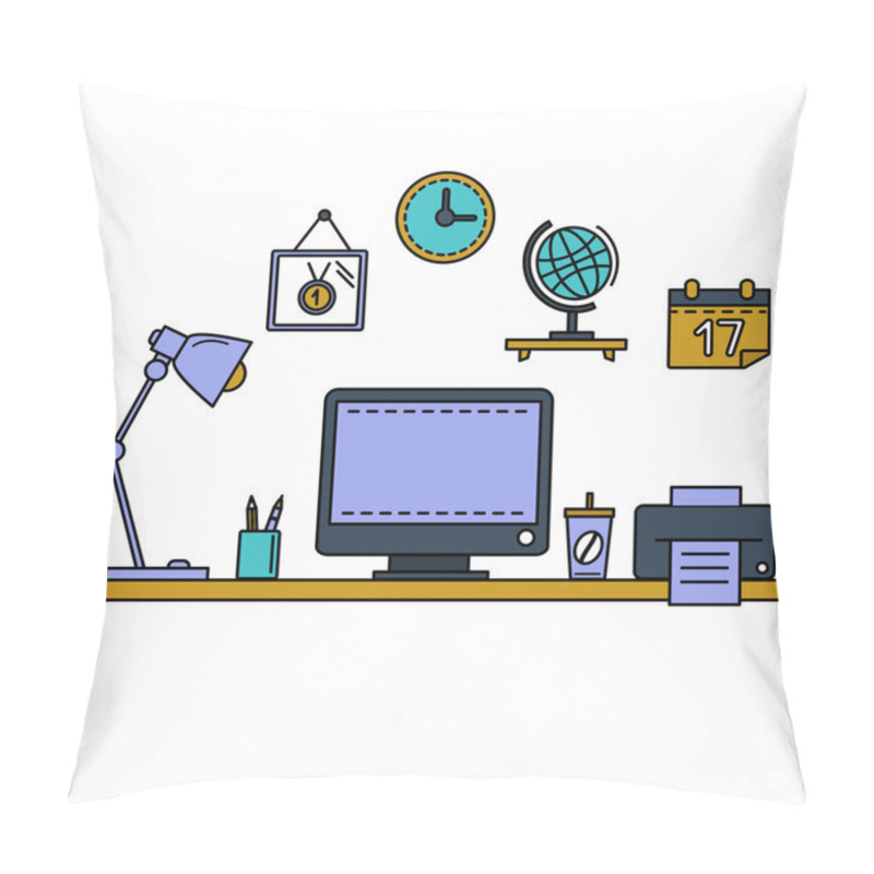 Personality  Line Flat Vector Illustration Workspace With Desktop Computer, Work Place, Equipment In Office Interior.  Pillow Covers