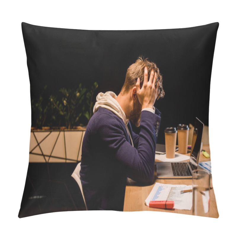 Personality  Young Exhausted Businessman Hollding Hands On Head While Sitting At Night In Office Near Laptop And Paper Cups  Pillow Covers