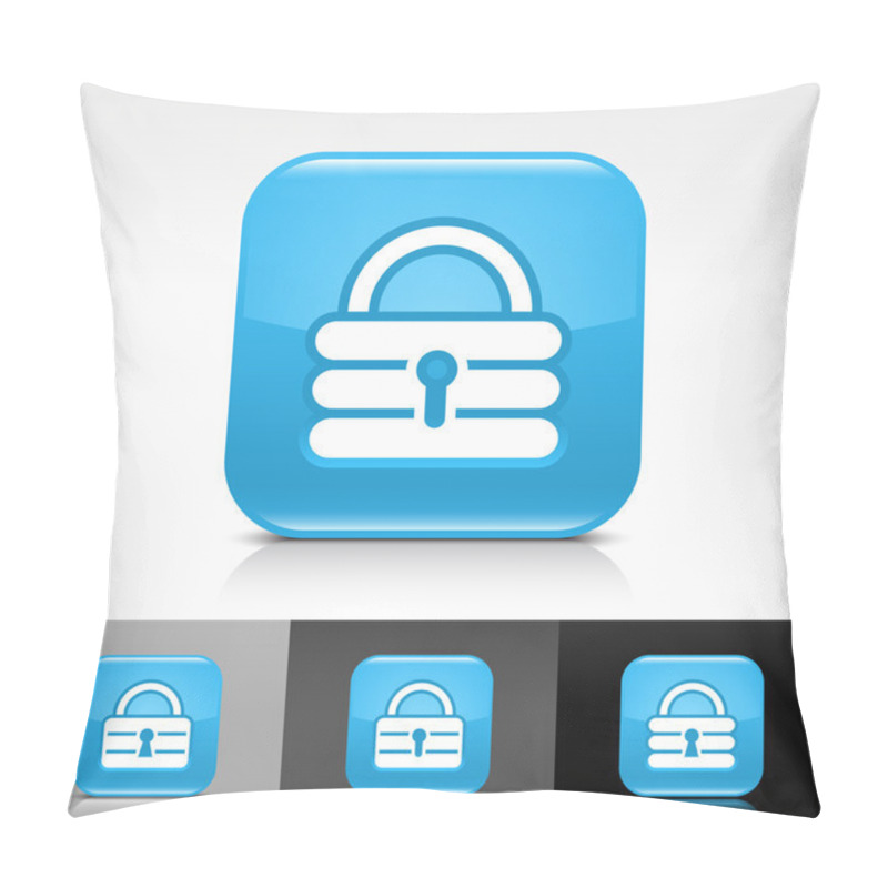 Personality  Lock Blue Glossy Web Button With White Add Sign. Rounded Square Shape Icon With Shadow And Reflection On White, Gray, And Black Background Pillow Covers