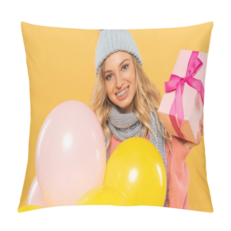 Personality  Smiling Woman In Hat And Scarf Holding Balloons And Gift Box Isolated On Yellow Pillow Covers