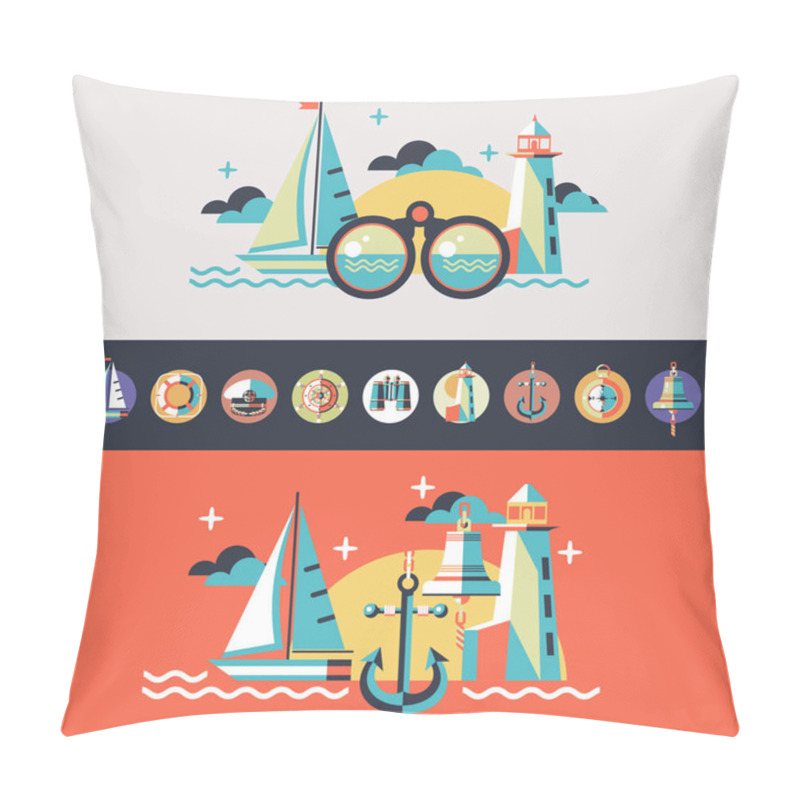 Personality  Vector Illustration In Flat Style. Sailing Boat, Lighthouse, Compass. Rectangular Vector Icons Captain Cap, Binocular, Ship Bell, Lifebuoy, Wheel. Pillow Covers