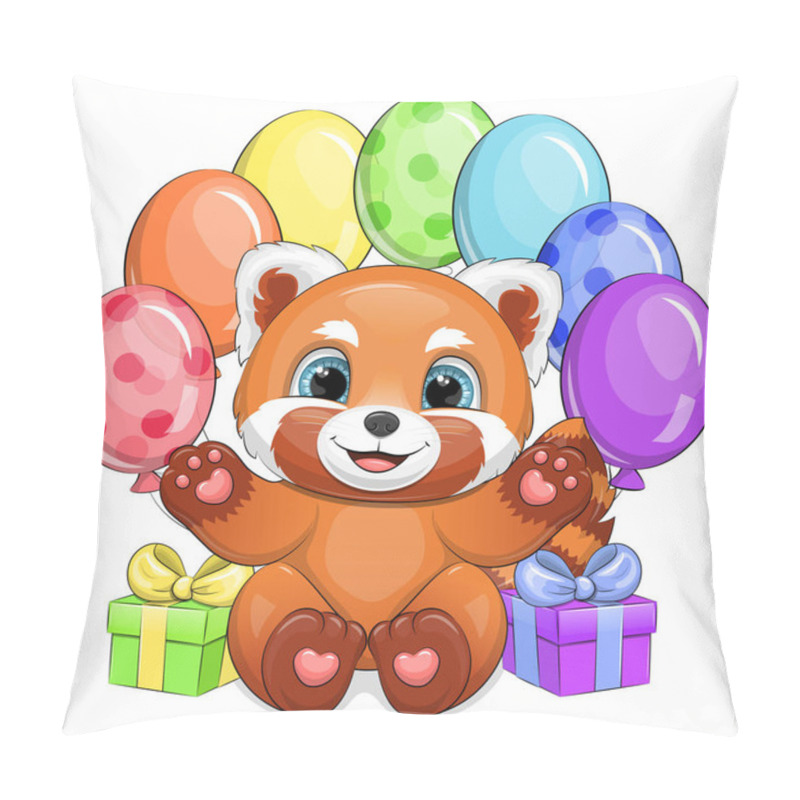 Personality  Cute Cartoon Red Panda With Rainbow Balloons And Gifts. Vector Illustration Of An Animal On A White Background. Pillow Covers