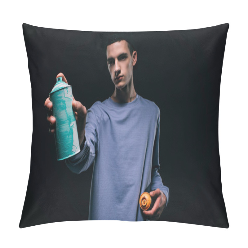 Personality  Young Man Painting With Spray Paint Isolated On Black Pillow Covers