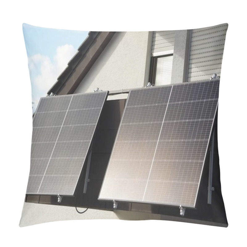 Personality  A Large Balcony Power Plant In The Attic. The Four Large Solar Modules Shine In The Midday Sun. A Lot Of Electricity Is Being Produced. Pillow Covers