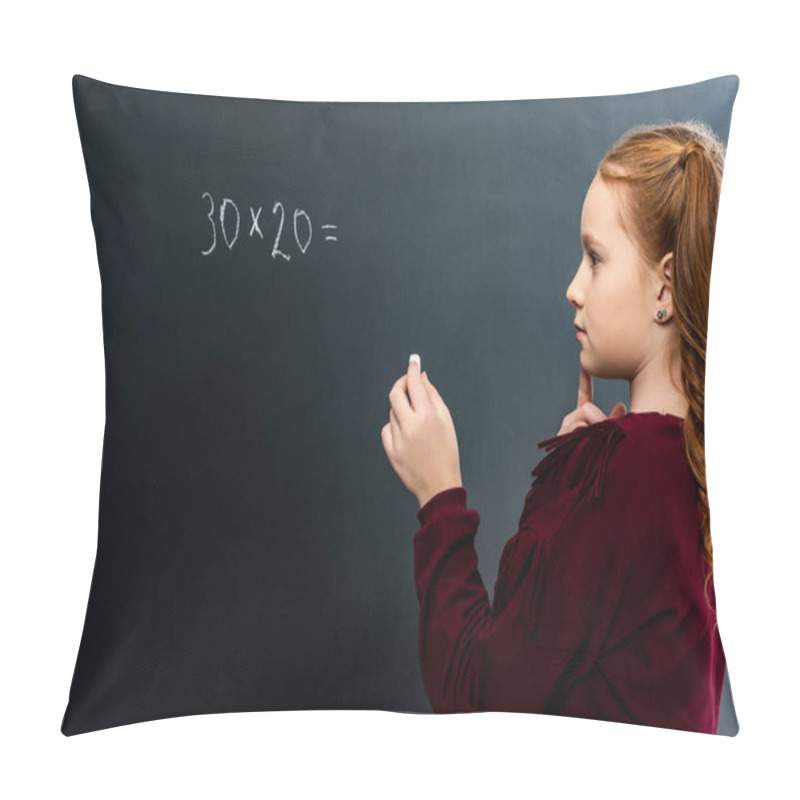 Personality  Thoughtful Schoolgirl Holding Chalk And Looking At Blackboard With Math Example Pillow Covers