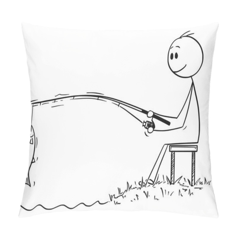 Personality  Cartoon Of Man Or Fisherman Fishing On The River Or Lake Shore Catching A Fish Pillow Covers