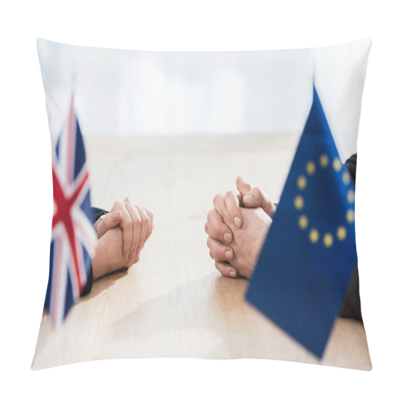 Personality  Cropped View Of Ambassadors Sitting With Clenched Hands Near European Union And United Kingdom Flags  Pillow Covers