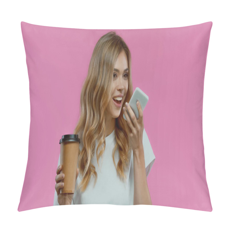 Personality  Blonde Woman Using Smartphone While Recording Voice Message And Holding Coffee To Go Isolated On Pink Pillow Covers