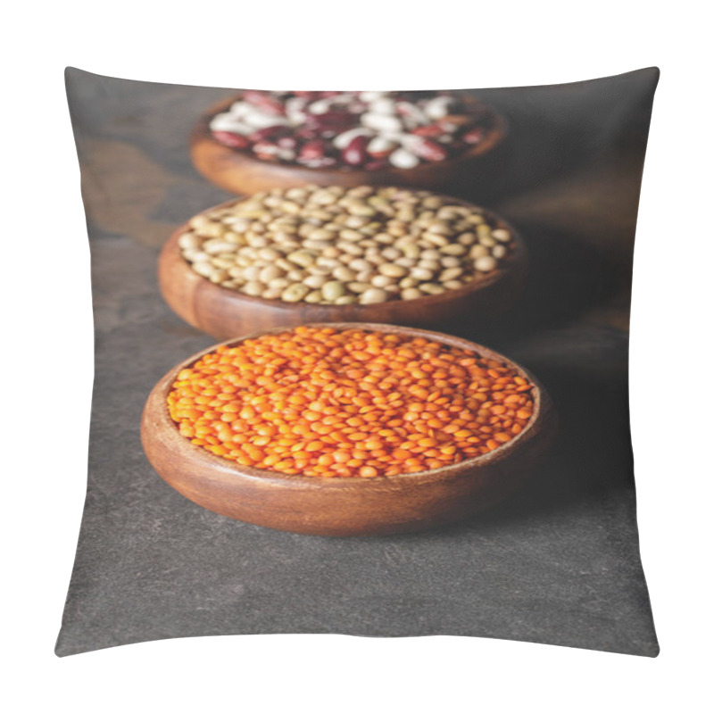 Personality  Selective Focus Of Lentils, Soy And Beans In Wooden Bowls On Table Pillow Covers