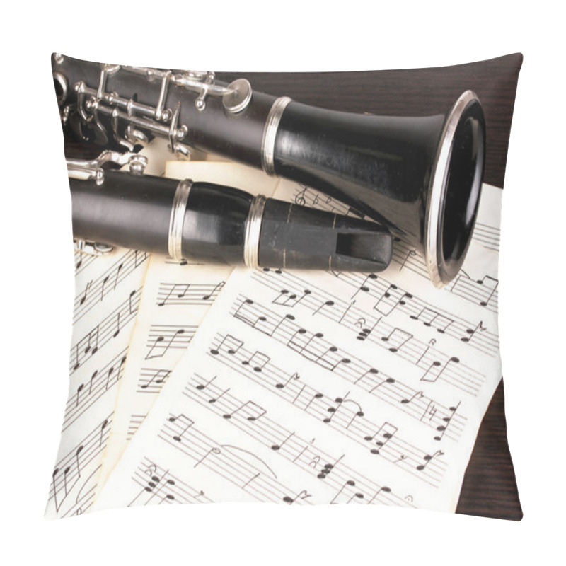 Personality  Musical Notes And Clarinet On Wooden Table Pillow Covers