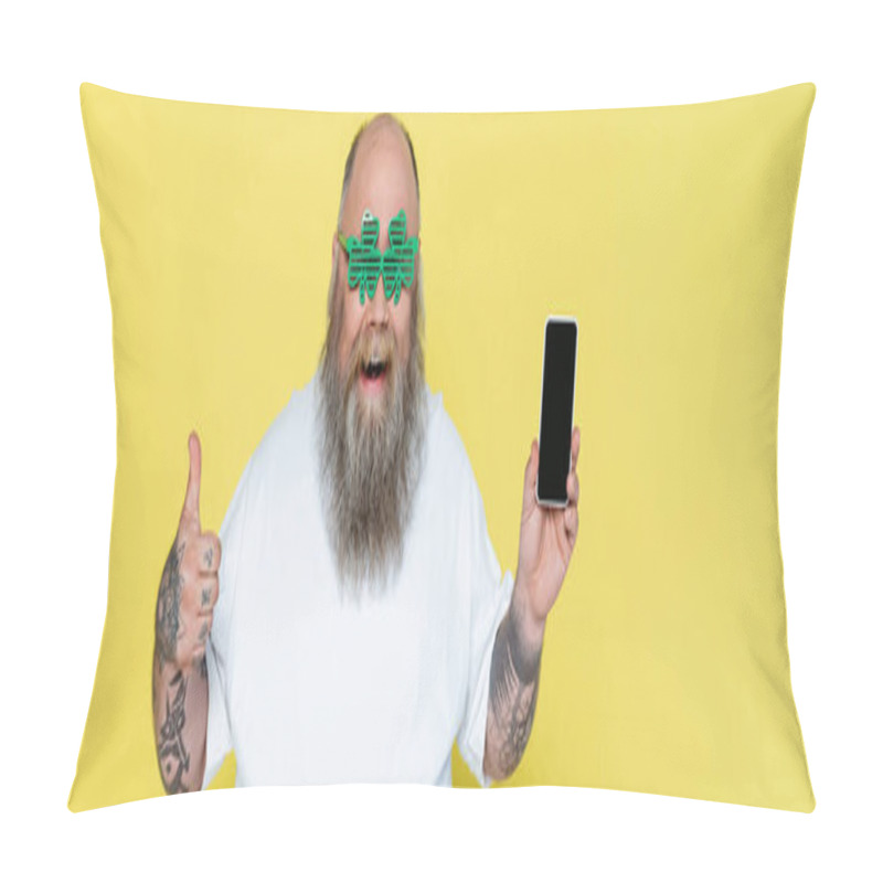 Personality  Excited Plus Size Man In Clover-shaped Glasses Holding Smartphone And Showing Thumb Up Isolated On Yellow, Banner Pillow Covers