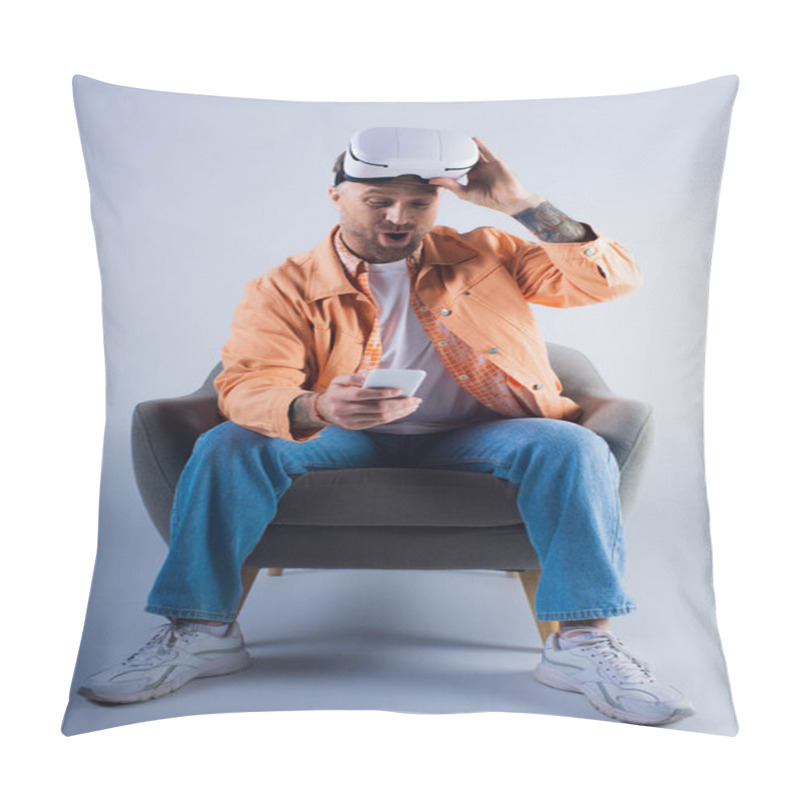 Personality  A Man Sits In A Chair Staring At A Cell Phone, Deep In Thought. Pillow Covers